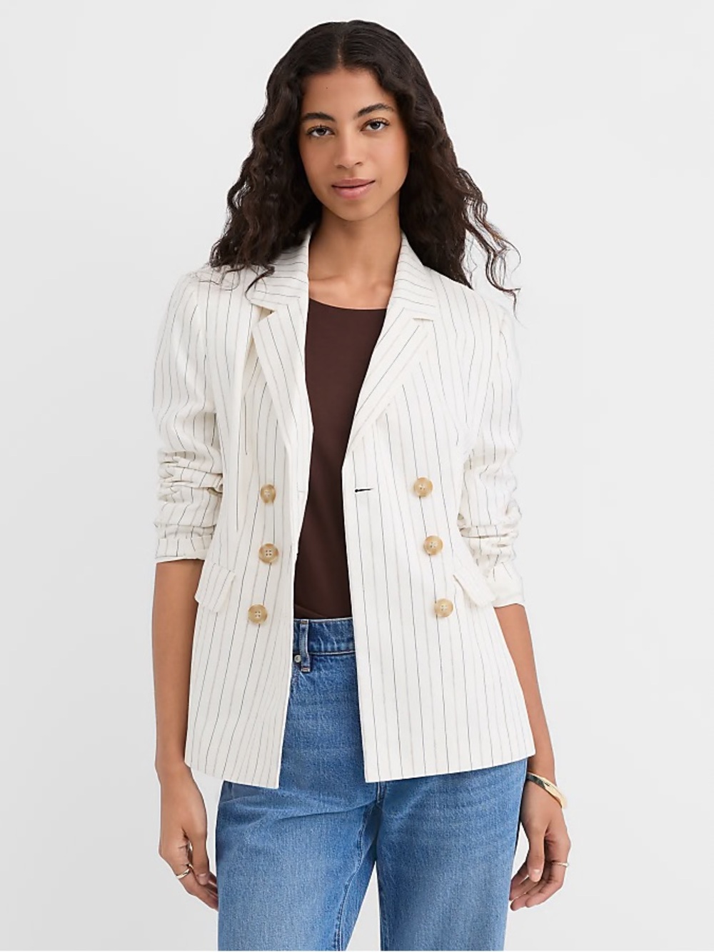LOFT Cream Pinstripe Double-Breasted Blazer - Picture 3 of 6